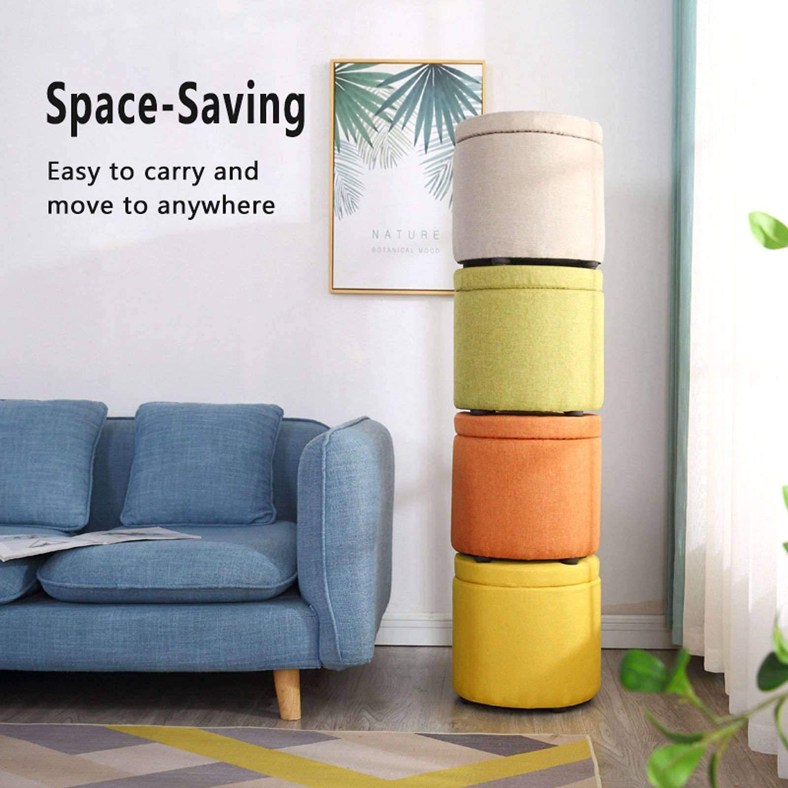 Poggiapiedi, Pouf in Lino, Contenitore Rotondo salvaspazio, poggiapiedi Adatto per Camera da Letto e soggiorno/giallo/32 * 32 * 32 cm