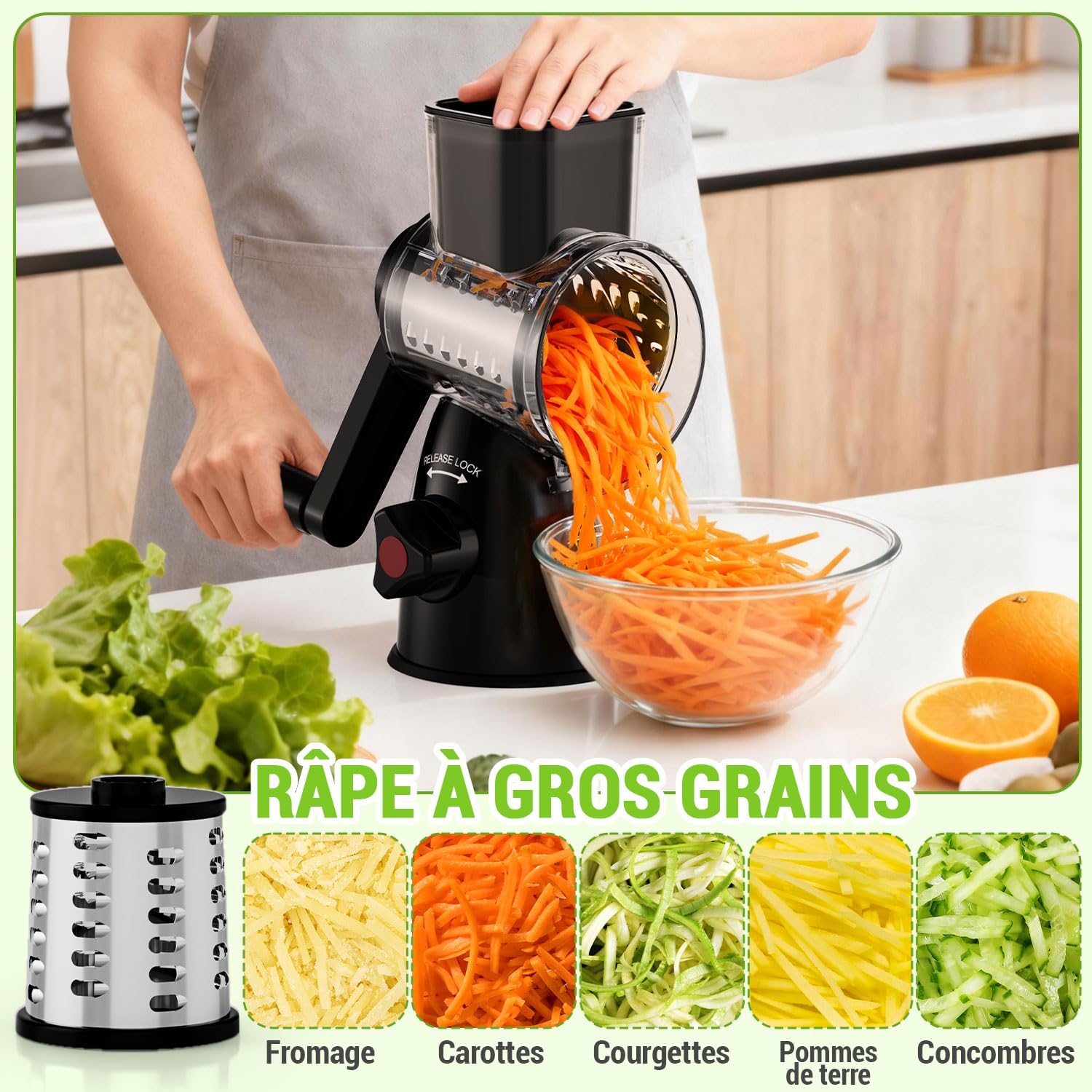 Râpe à Fromage Rotative, Mandoline Cuisine Professionnelle, Coupe Legumes Multifonctions avec 3 Lames de Tambour, Rapeuse Legume pour Fromage, Carottes, Concombre, Pommes de Terre