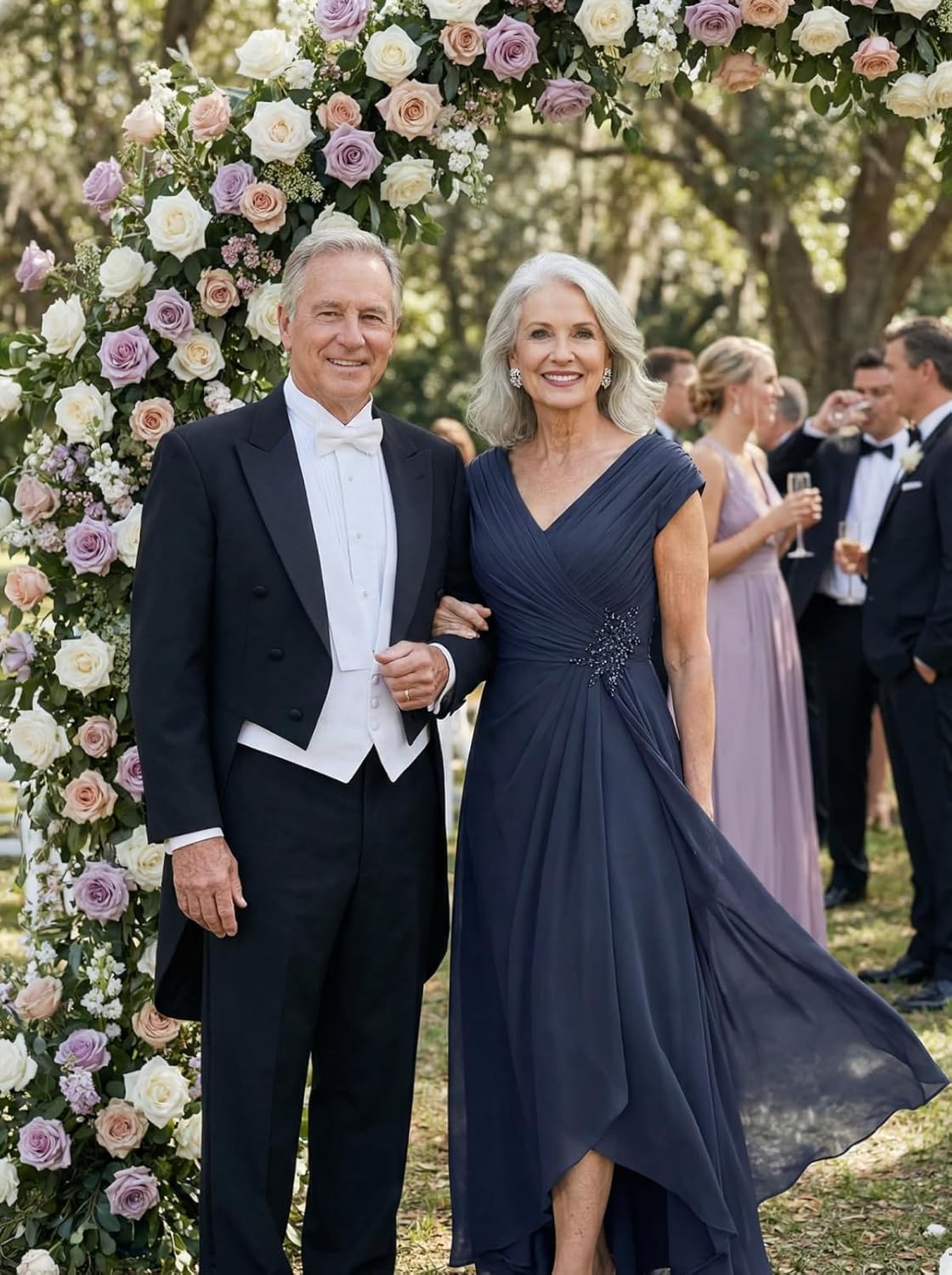 Chiffon V Neck Mother of Brides Dress for Wedding Pleated Cap Sleeves Empire Waist Formal Evening Gowns for Women