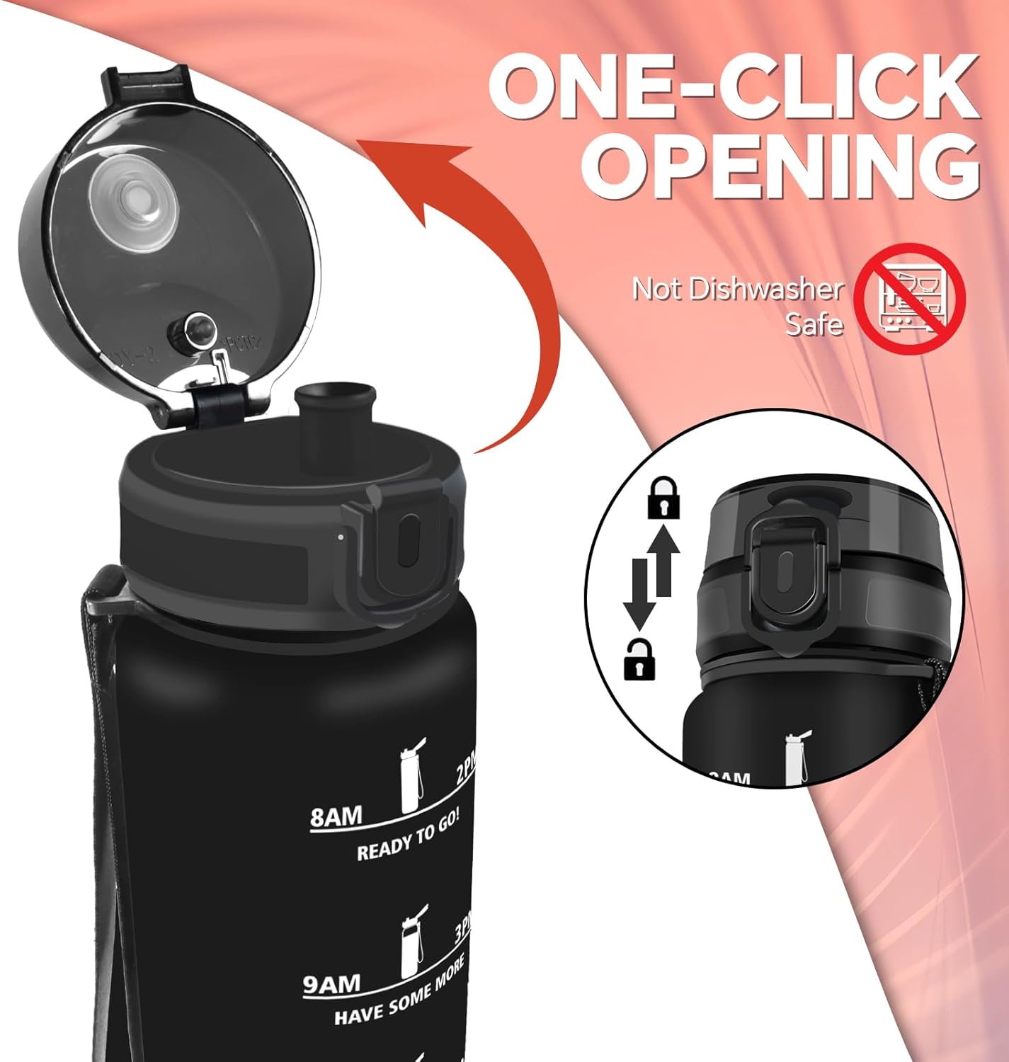 Grsta Drinking Bottle 1.5 L, Sports Water Bottle, Adult Drinking Bottle, Leak-Proof, Water Bottle with Time Marking, with Filter, Easy to Clean, Bottle for Fitness, School, Travel,