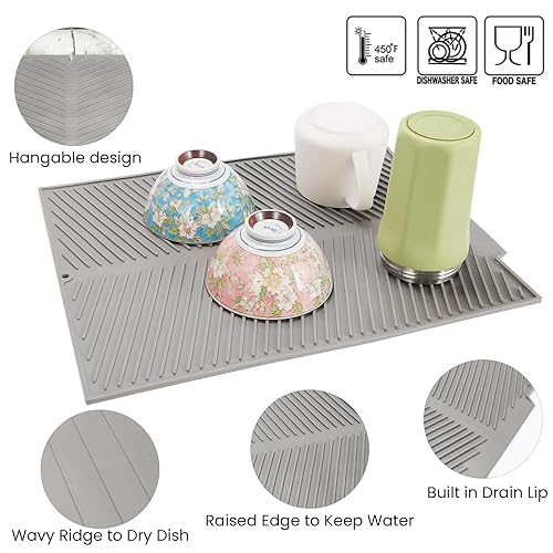 Miniatura 3 de SHARMA - Tapete de silicona para secar platos con borde de drenaje, almohadilla para secar platos, tapete escurridor de platos antideslizante y