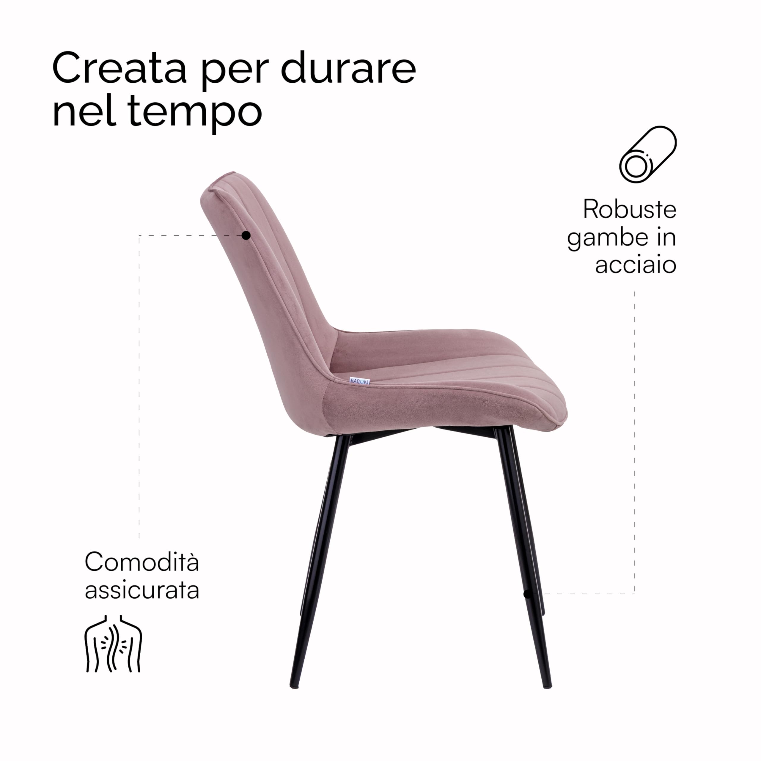 Baroni Home Sedia da Pranzo Moderna con Rivestimento in Velluto e Gambe in Acciaio Nero, Poltrona da Soggiorno, Camera da Letto, Sala da Pranzo, Rosa Cipria, 53x86x44 cm
