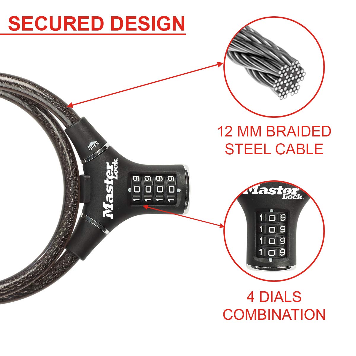 Master Lock 8229EURDPRO MasLucchetto Bici, Combinazione, 1.8 m, Esterno, Ottimo per Proteggere Bicicletta, Skateboard, Passeggino, Falciatore, Attrezzature Sportive, Nero, 90 cm Cavo