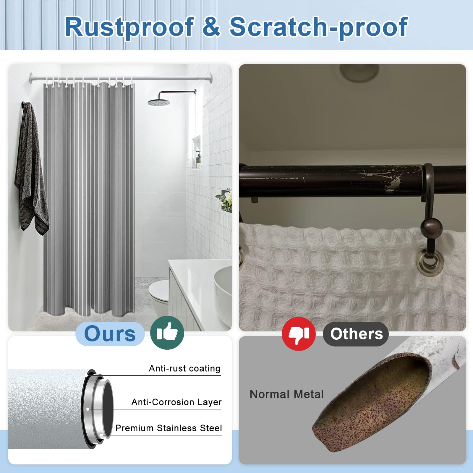 Bastone per tende 70-230 cm, Bastone per tende da doccia estraibile bianco opaco per bagno, finestra, guardaroba