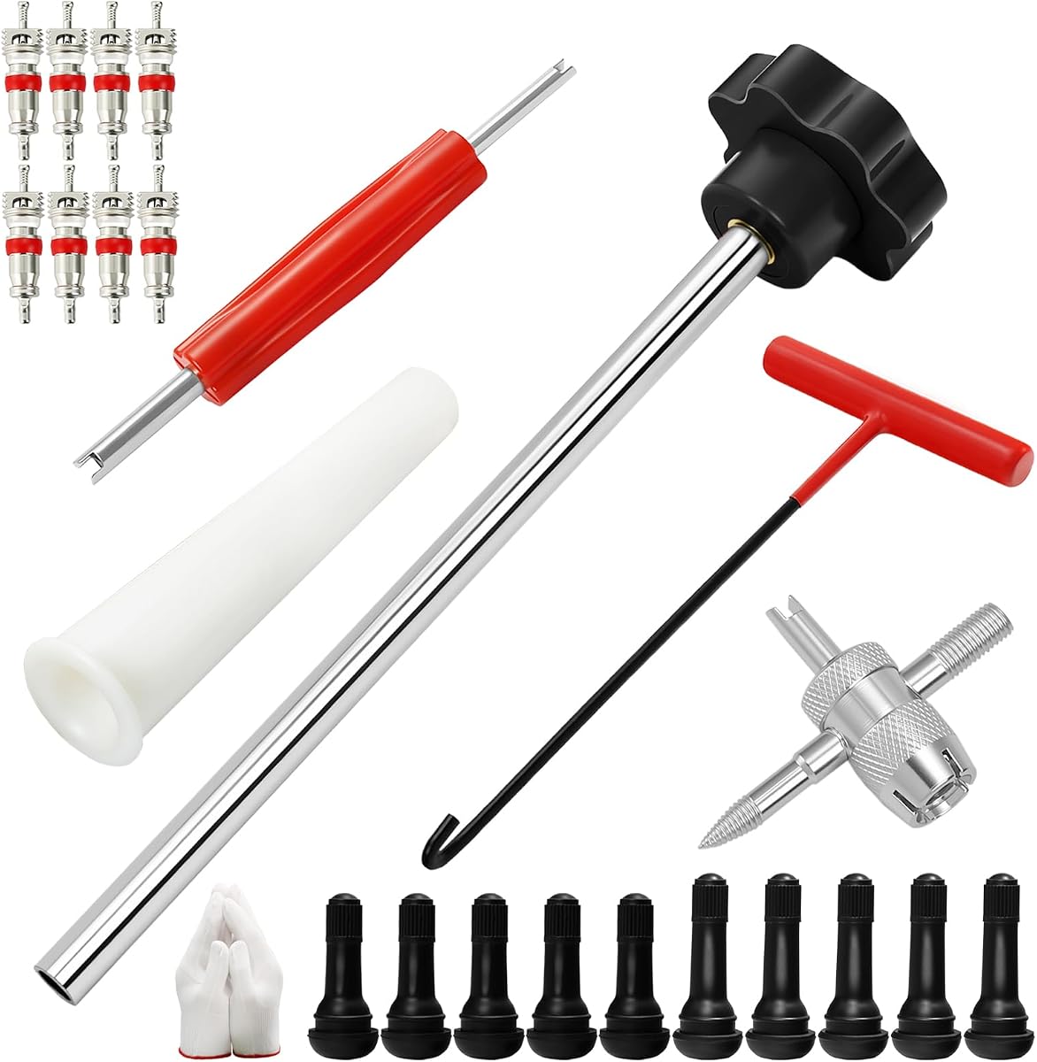 23PCS Tire Valve Stem Tool，Quick Change Valve Installer Kit with TR413/TR414 Valve Stems ，Valve Stem Removal Tool,4-Way Valve Core Removal Tool，for Cars Motorcycles Lawn Mowers ATVs