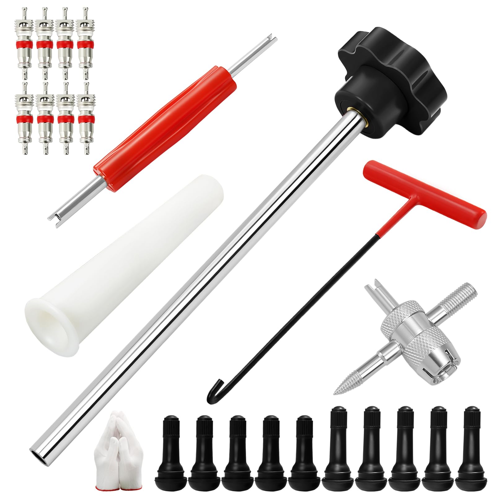 BOJIAN 23PCS Tire Valve Stem Tool，Quick Change Valve Installer Kit with TR413/TR414 Valve Stems ，Valve Stem Removal Tool,4-Way Valve Core Removal Tool