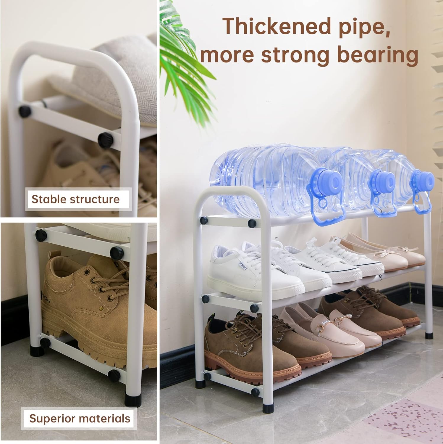 Gonfoam 3-Tier Expandable Shoe Rack,Adjustable Shoe Shelf Storage Organizer Heavy Duty Metal Free Standing Shoe Rack for Entryway Closet Doorway (White)