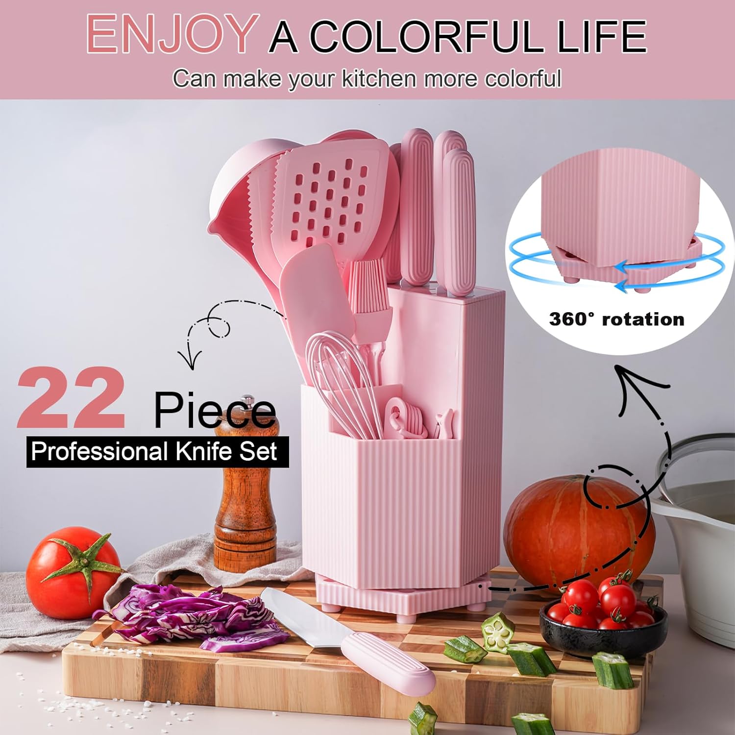 Kitchen Utensils Set,Caliamary 19 PCS Cooking Utensils Set with 360° Rotating Holder,Non-Stick Heat Resistan Kitchen Tools and Gadgets with Anti-slip Handle,Silicone One-Piece Molding (Pink)