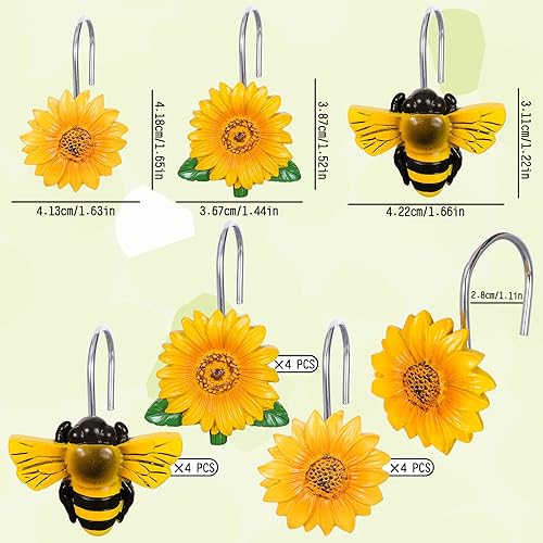 Miniatura 2 de Whaline 12 ganchos de cortina de ducha de abeja de verano, girasol amarillo, abeja, resina decorativa, ganchos para cortina de primavera,