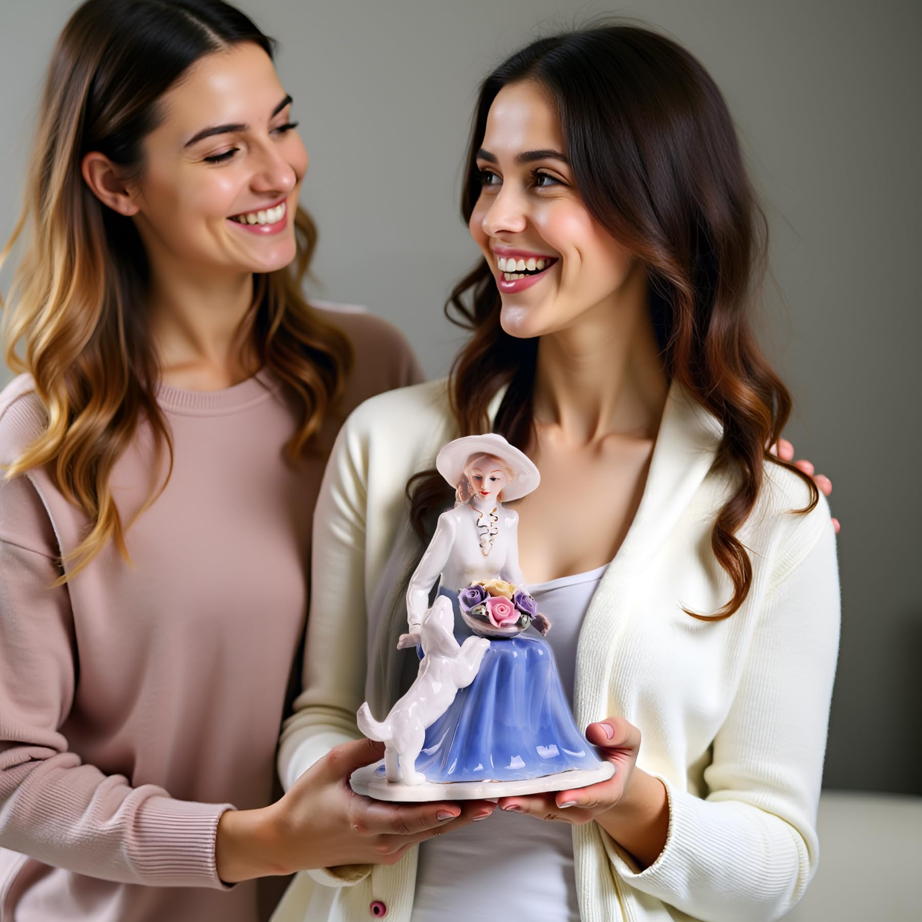 Porcelanowe figurki pani ze zwierzakiem, rzeźbione statuetki, rękodzieło, wyroby artystyczne, rzeźba, wystrój domu (ozdoba, prezent dekoracyjny)