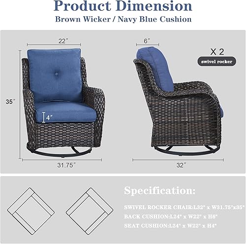 Miniatura 2 de Silla mecedora de mimbre para patio silla giratoria de ratán sillas de muebles de patio al aire libre juego de 2 con cojines gruesos silla mecedora