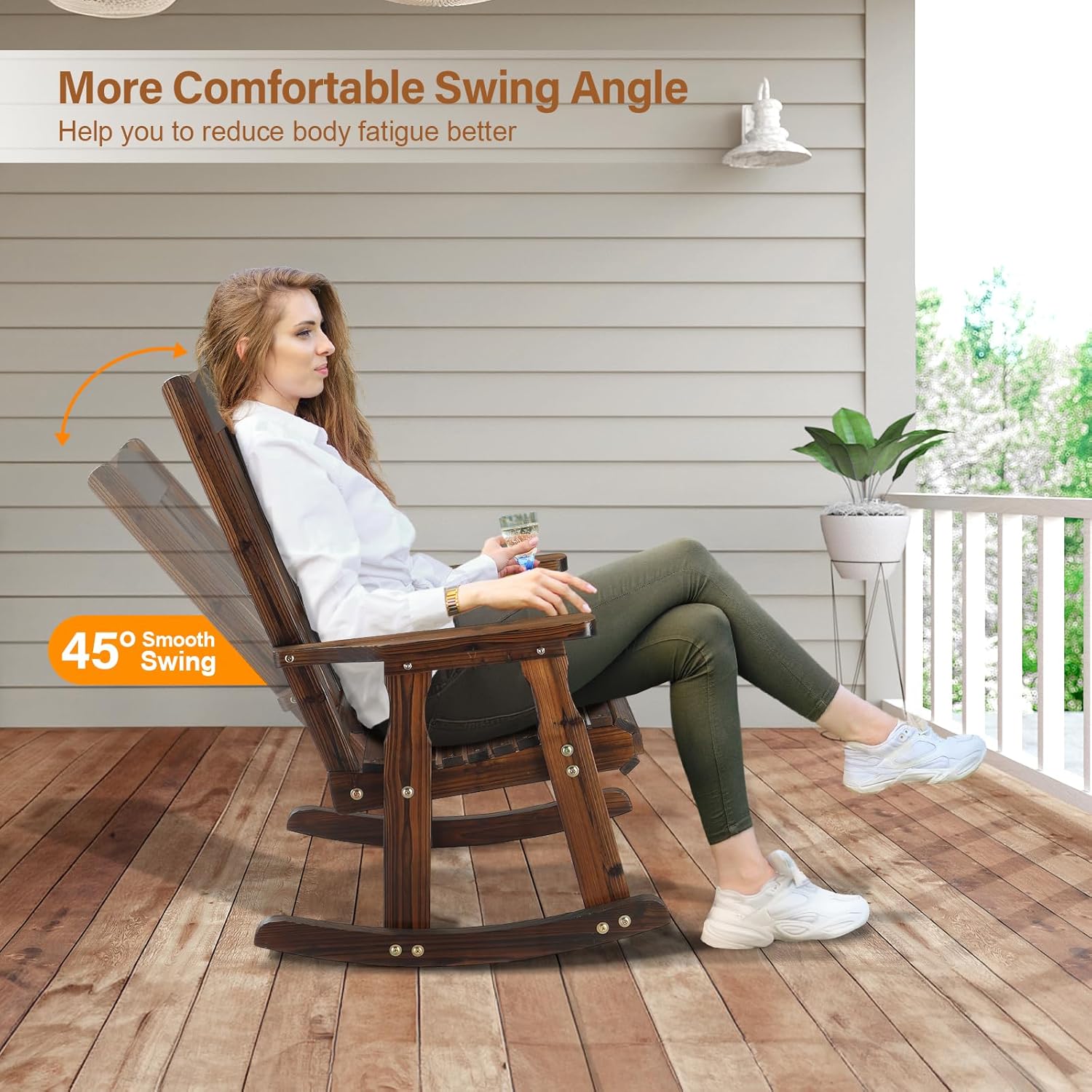 VINGLI Heavy Duty 600 LBS Outdoor Wooden Rocking Chair with Higher Backrest,Patio Rocking Chair with Ergonomic Design, Weatherproof Outdoor Rockers Suit for Patio, Garden, Balcony, Yard, Rustic