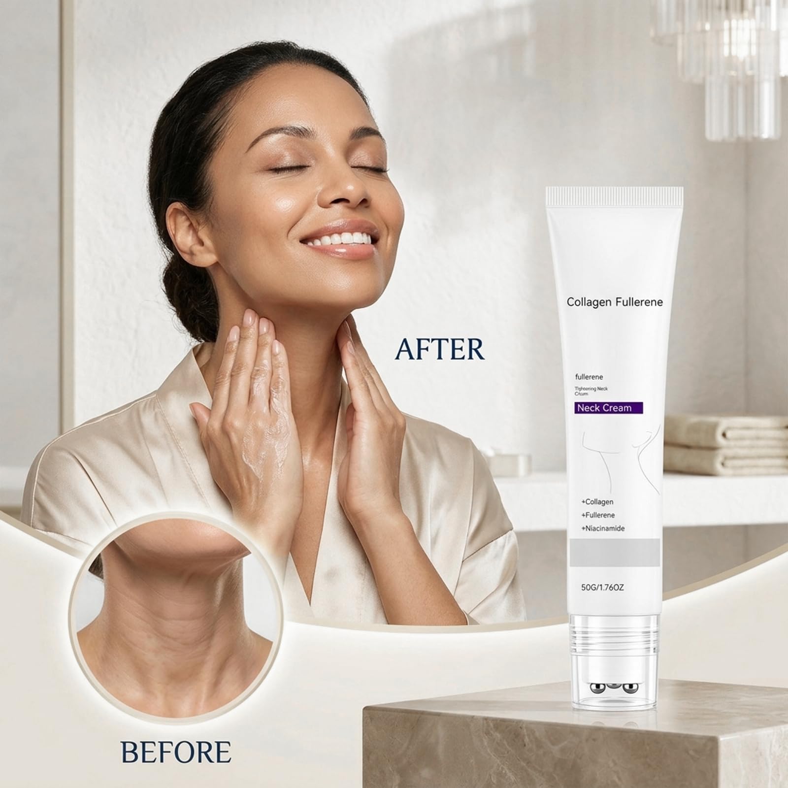 Crema Rassodante per il Collo con Rullo, Magic Collagen Fullerene Neck Cream, Crema Collo e Décolleté Lifting Con Collagen Peptides, Firming Neck Cream, Riduce Rughe, Nutre, Anti Rughe, 50g (3pcs)