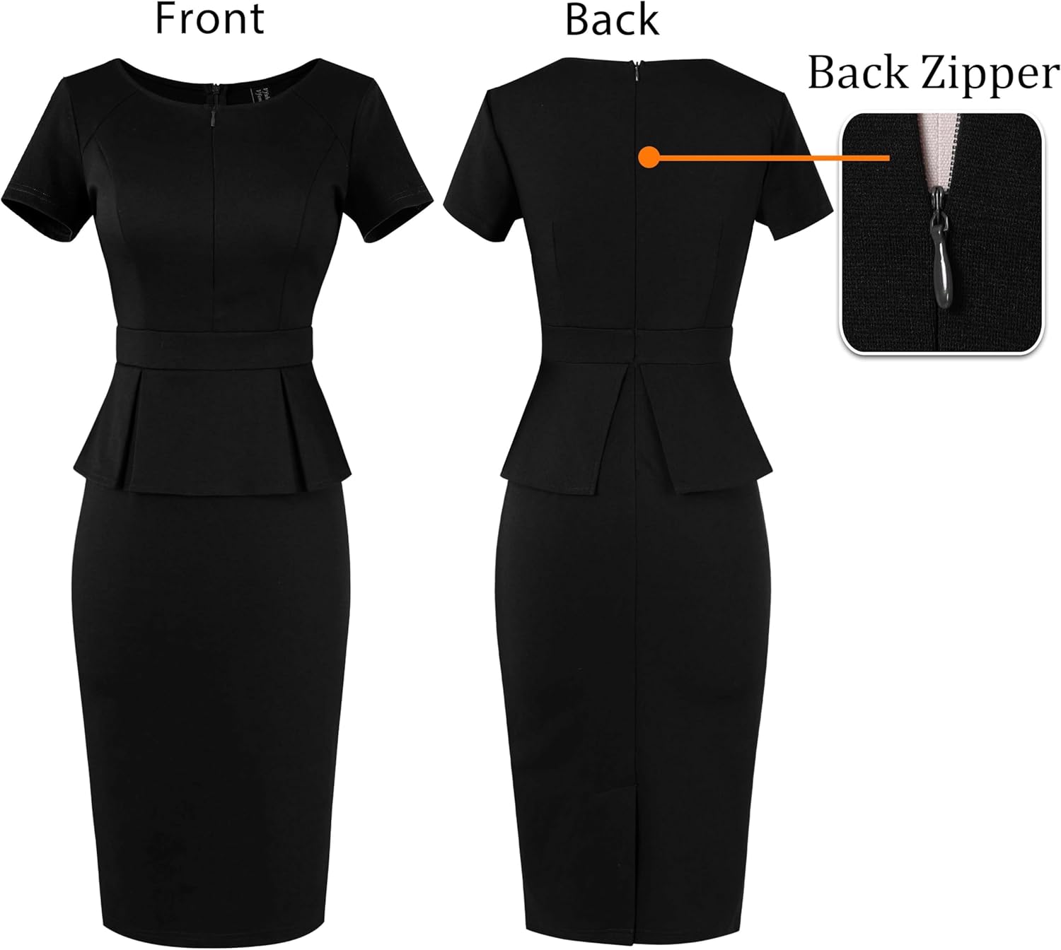 VFSHOW Womens Work Business Office Front Zipper Peplum Bodycon Dresses Elegant Short Sleeve Slim Church Pencil Sheath Dress - Image 5