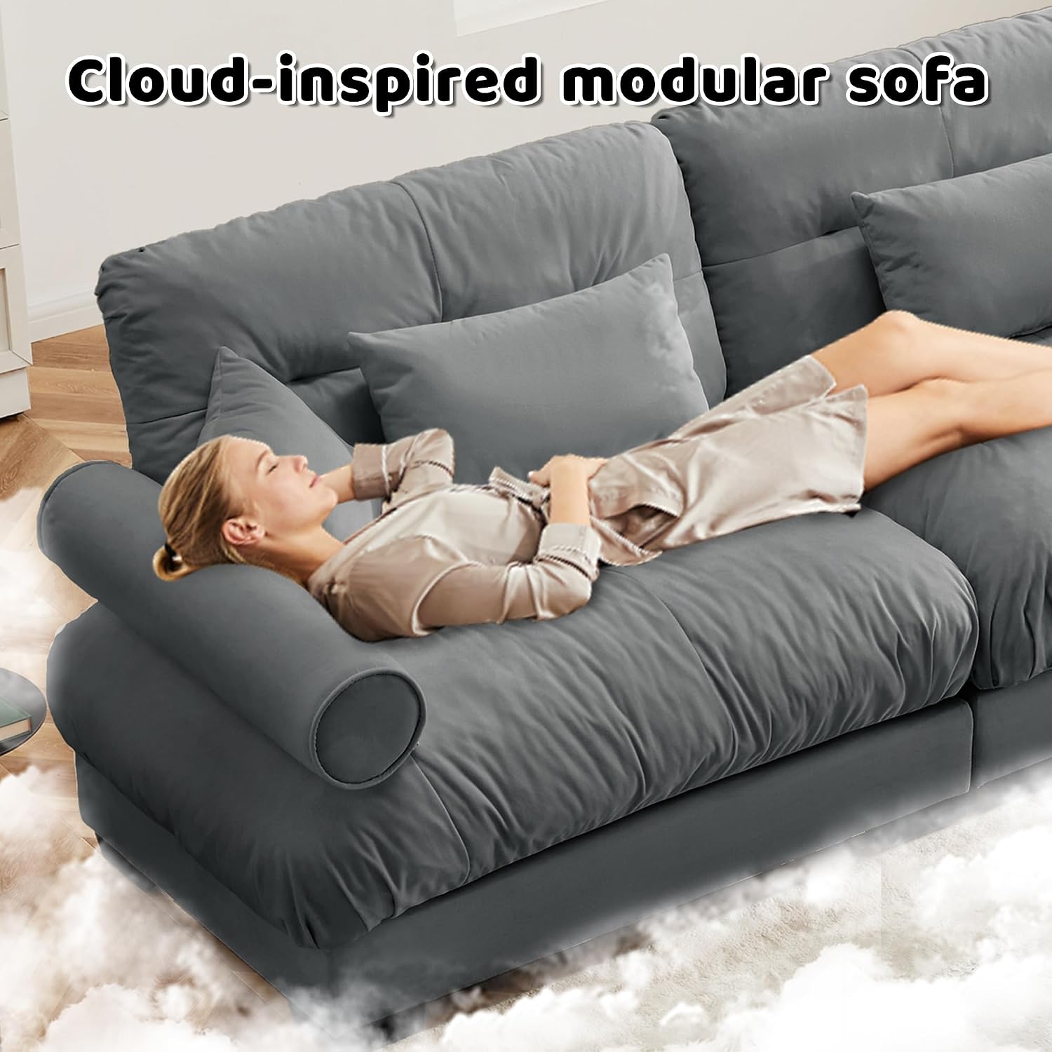 130" Modular Sectional Cloud Couch, Oversized 3-Seater Couch with 2 Ottoman, Comfy Velvet Fluffy Sofa, Deep Seat L Shaped Sectional Couches for Living Room