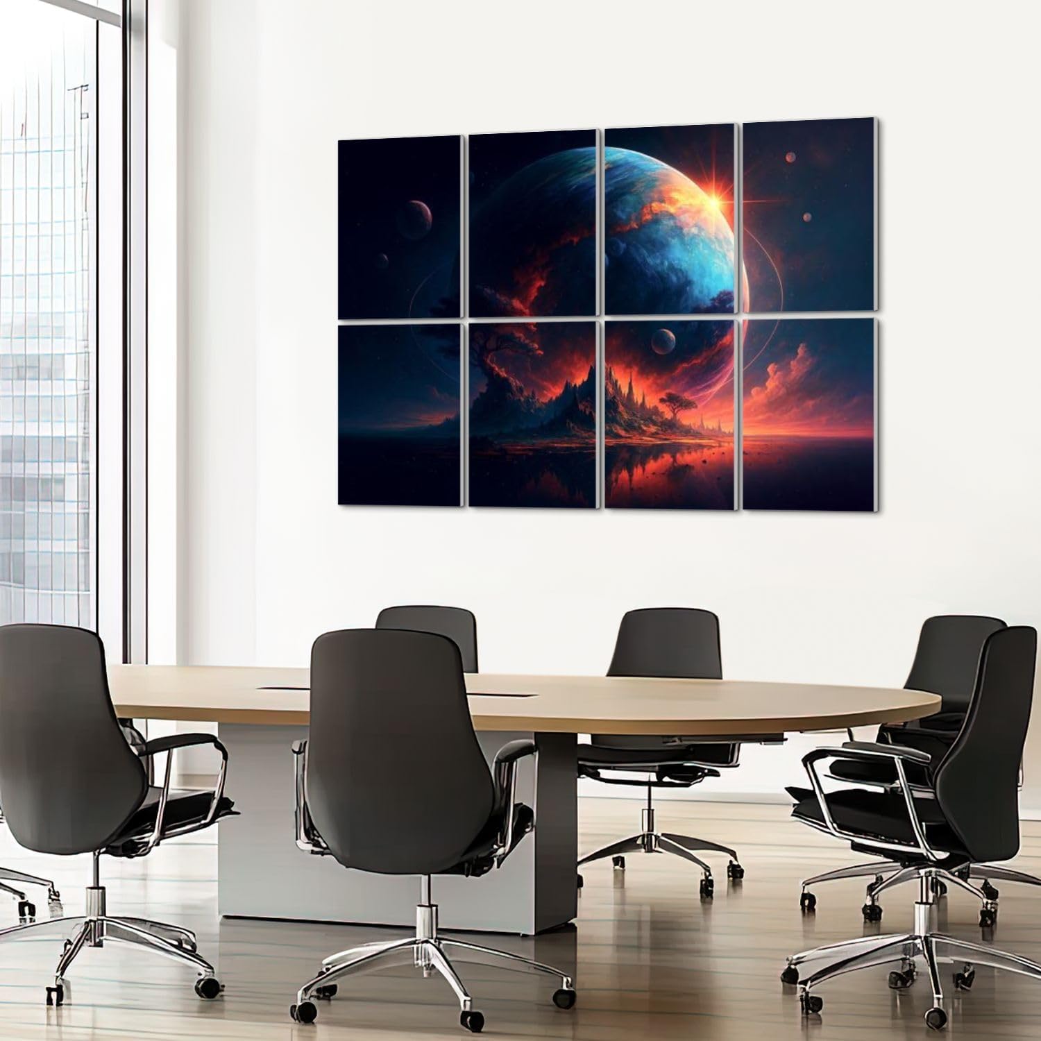 8 Pack Art Acoustic Panels Sound Absorbing Fantasy Cosmic Landscape Giant Planet Glowing Sunset Surreal Mountains Decorative Soundproof Wall Panels Self Adhesive for Recording Studios Office 48"x32"