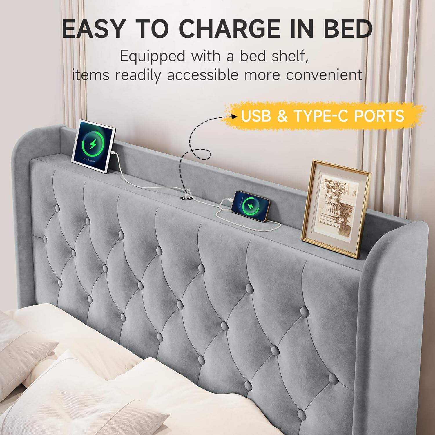 koorlian Queen Bed Frame with Headboard, Adjustable Velvet Upholstered Bed Frame with Type-C&USB Ports, Wingback Storage Headboard, Solid Wood Slats Support, No Box Spring Needed, Light Gray