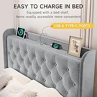 Vista 90 de koorlian Base de cama Queen con cabecero, base de cama tapizada ajustable con puertos tipo C y USB, cabecera de almacenamiento con respaldo de ala