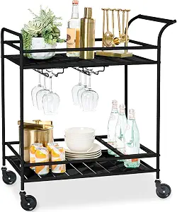 Best Choice Products Rolling Bar Cart with Wine Rack and Lockable Wheels, Black