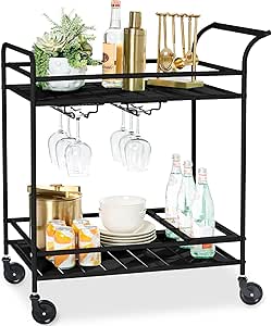 Best Choice Products Rolling Bar Cart with 2 Tiers, Wine Rack, Lockable Wheels - Black