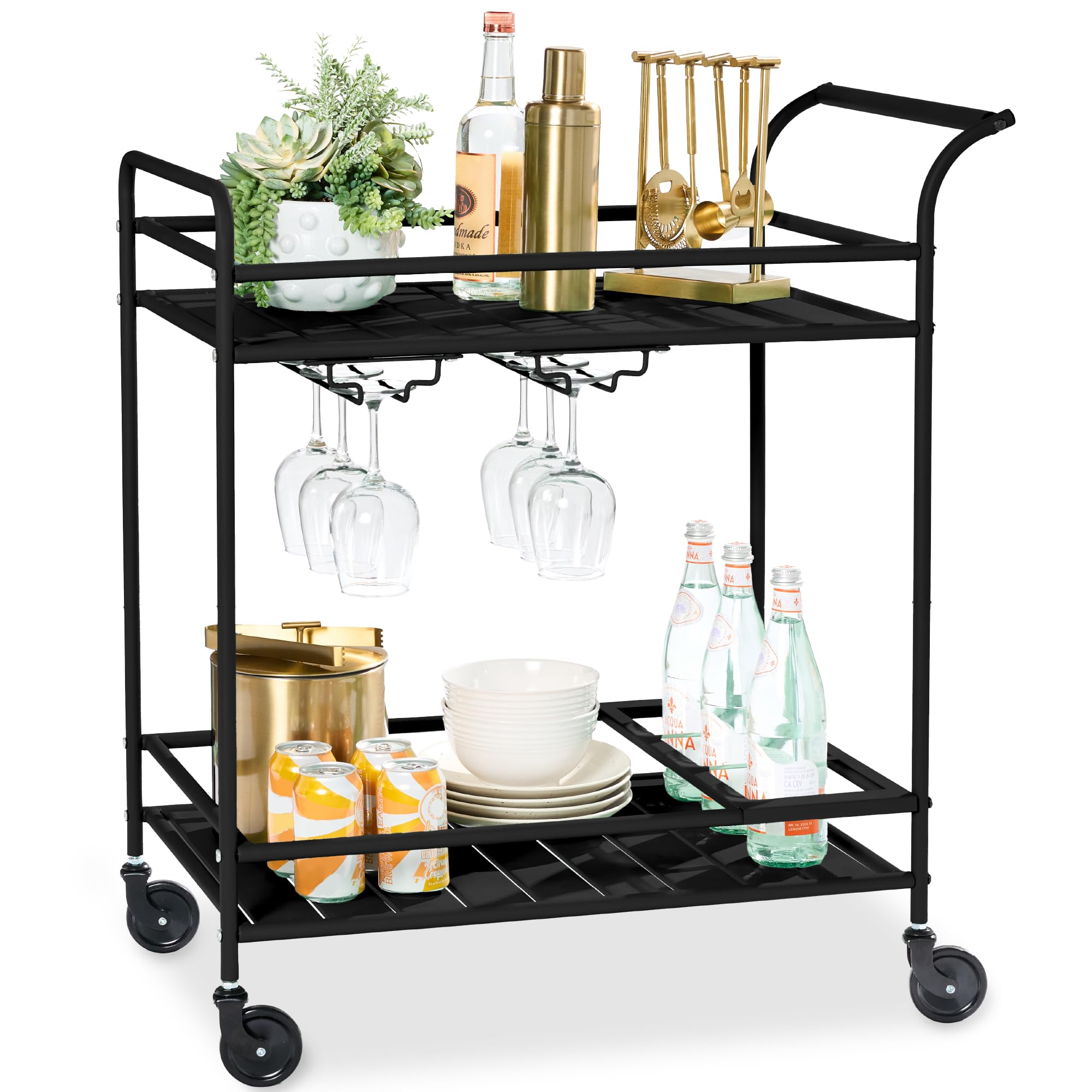 Best Choice Products Rolling Bar Cart, Mobile Home Bar Serving Cart, Serving Station w/ 2 Tier Shelves, Wine Rack, Lockable Wheels - Black