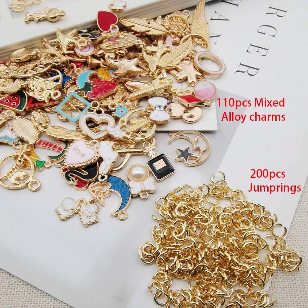 WOCRAFT 110pcs Assorted Gold Plated Enamel Animals Fruit Moon Star Dainty Dangle Flowers Pendants Charms for Jewelry Making Necklace Bracelet with 200pcs Jumprings (M381)
