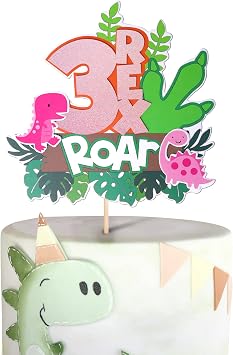 Rsstarxi 1 Pack Dinosaur 3rd Birthday Cake Topper with Claw Leaves Third Birthday Number 3 Three Rex Roar Cake Pick for Dino Theme Baby Shower Kids Girls 3rd Birthday Party Cake Decorations Pink