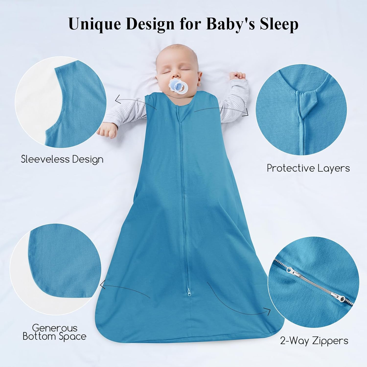 david's kids 100% Organic Cotton Baby Sleep Sack 0-6 Months, Soft Baby Wearable Blankets with 2-Way Zipper, 2 Pack Comfy Sleeping Bags for Infant Newborn Boys Girls Neutral, Small Size, Grey & Blue - Image 3