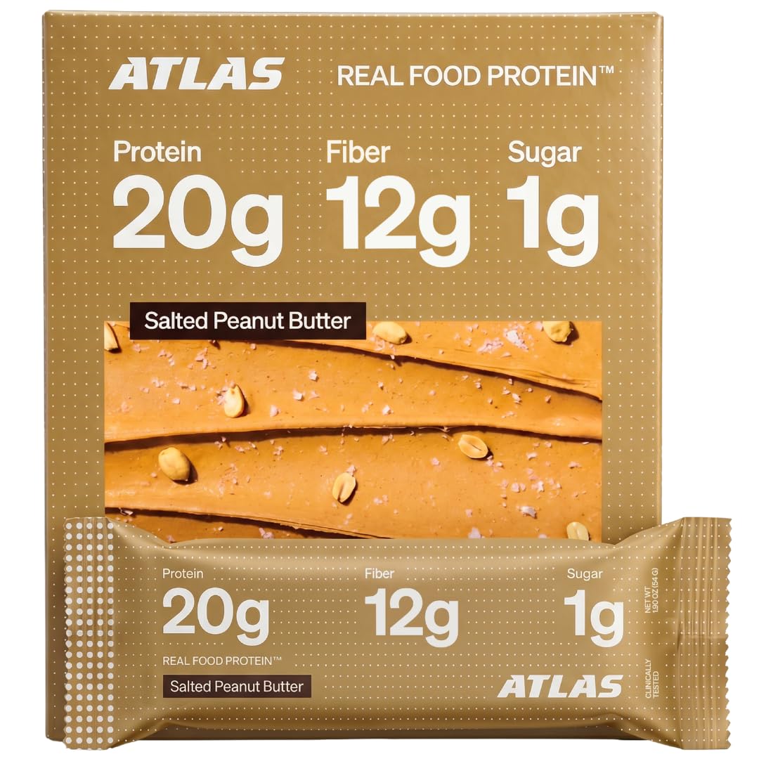 Atlas Real Food Protein Bars Salted Peanut Butter, 20g protein and 12g fiber, 12-bar box with single bar
