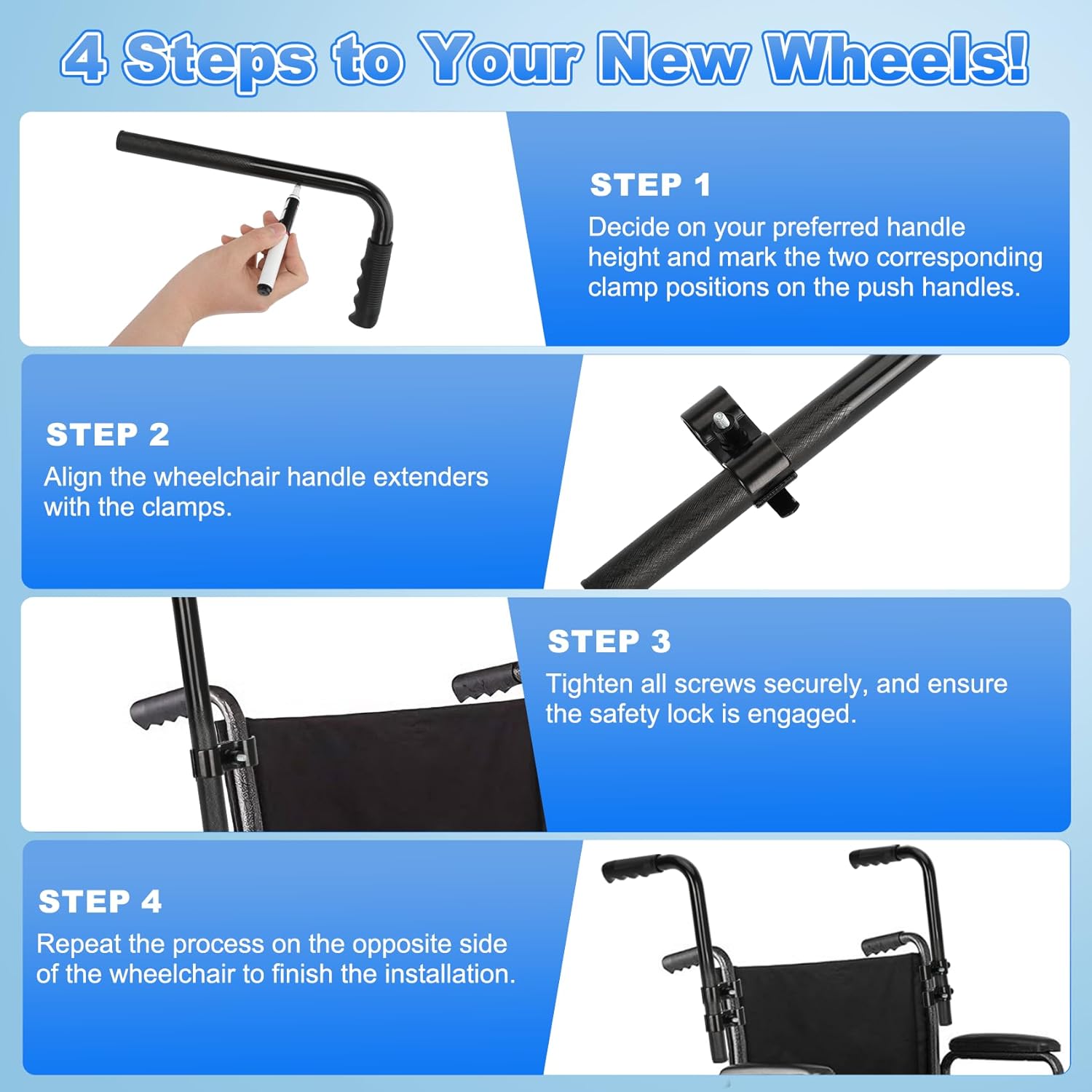 Upgraded Wheelchair Handle Extenders with Reinforced Design, Adjustable Universal Extension for Wheelchairs, Rollators, Walkers & Strollers, Durable Walker Accessories for Adults, Improved Stability