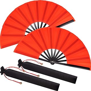 Large Folding Silk Hand Fan Hand Folding Fans Chinese Tai Chi Folding Fan for Men and Women Performance, Dance, Decorations, Festival, Gift (Red, 2 Packs)