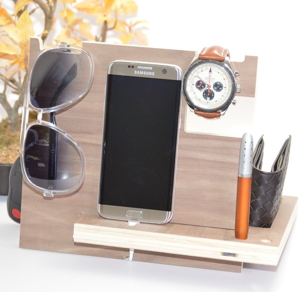 Wooden Phone Docking Station with Key Holder, Pen Holder, Wallet and Watch Organizer (Mahogany Color)