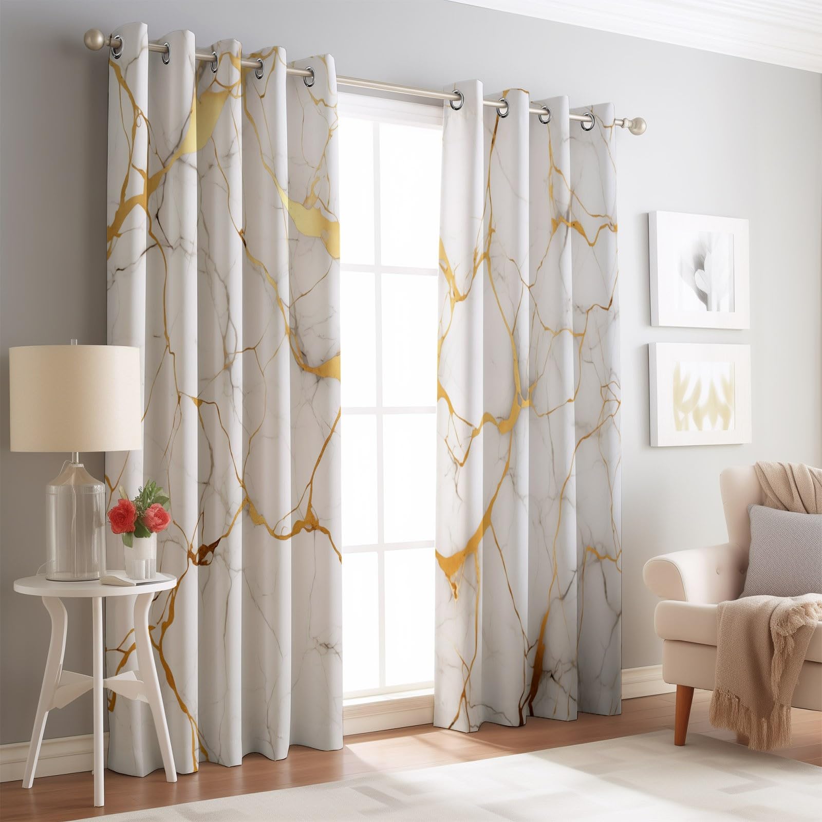 100% Rideau Occultant Blanc Rideaux Occultant Thermiques à Oeillets, Rideau Opaque imprimés Moderne Géométrique Marbre Decoration pour Chambre Salon, 140L X 200H cm (2 Panneaux)