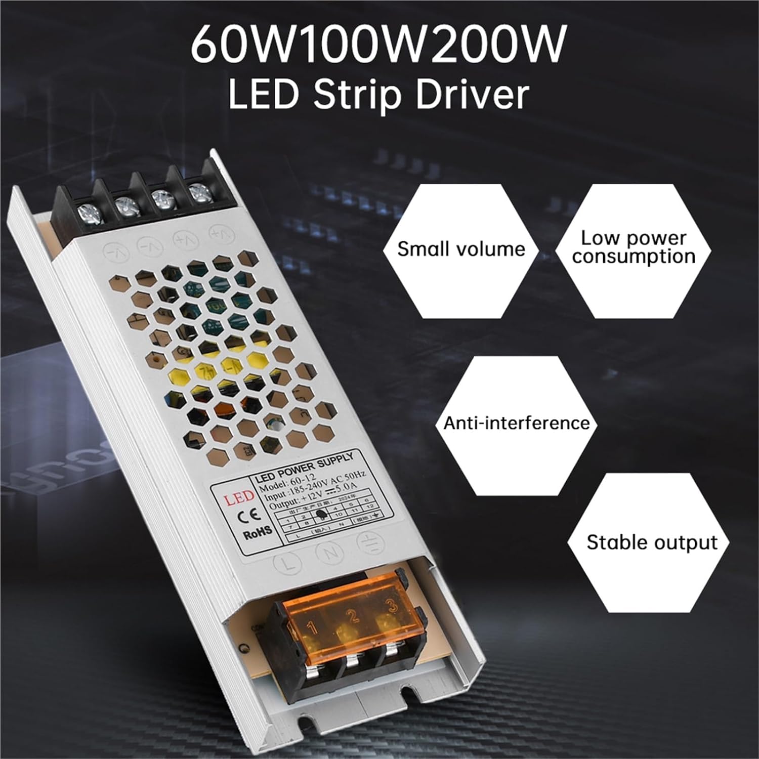 Ultra Thin Driver LED Strip Voltage Stabilizing Power Supply Lighting Transformers DC 220V to 12V 60W 100W 200W(60W)