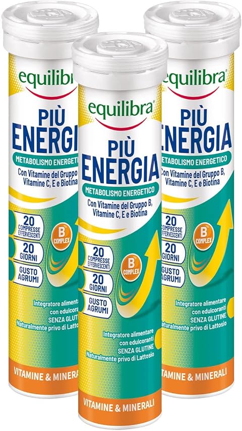 Equilibra Integratori Alimentari, Più Energia, Integratore per il Benessere Vitaminico, con Vitamine Gruppo B, Vitamina C, Vitamina E, Biotina, Gusto Agrumi, 3 Pezzi da 20 Compresse Effervescenti