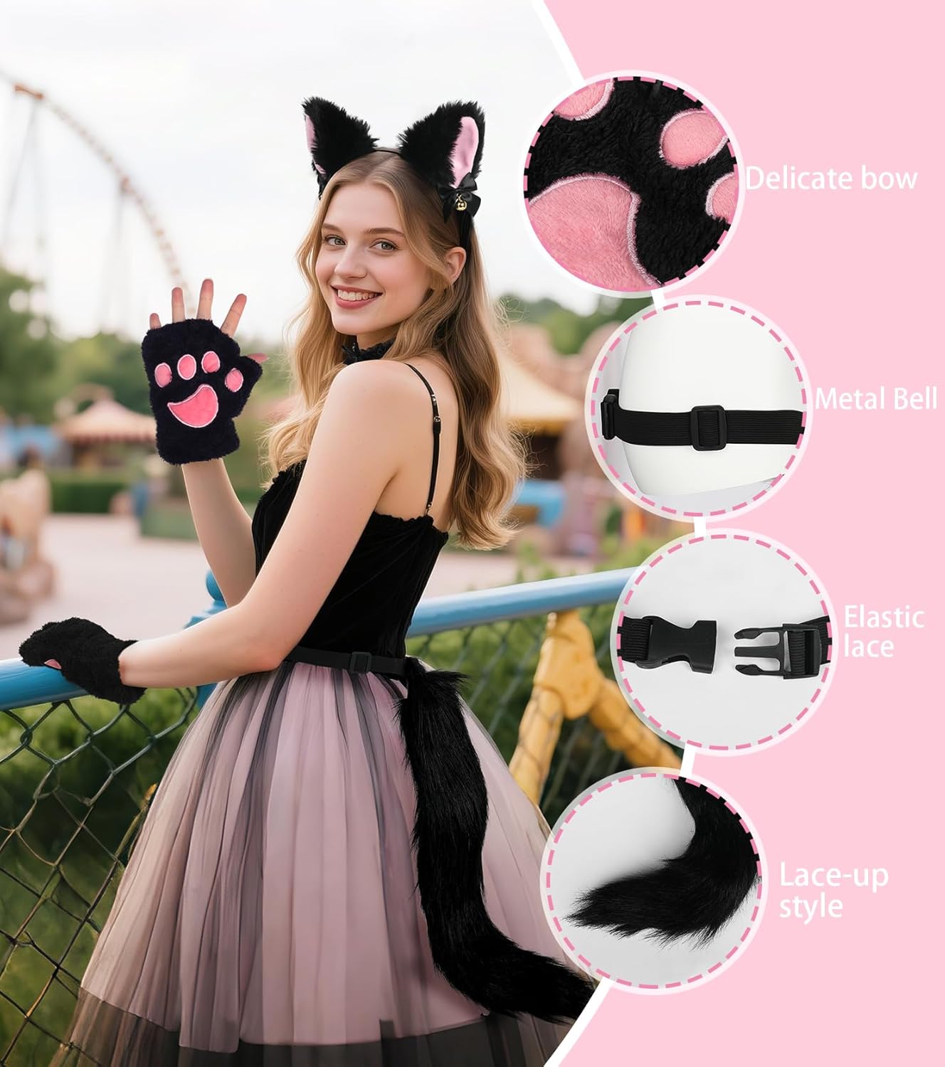 Cat Ears and Tail,Wolf Fox Ears Long Tail and Bell Lace Choker Set for Halloween,Animal Cosplay Party Costume - Image 6