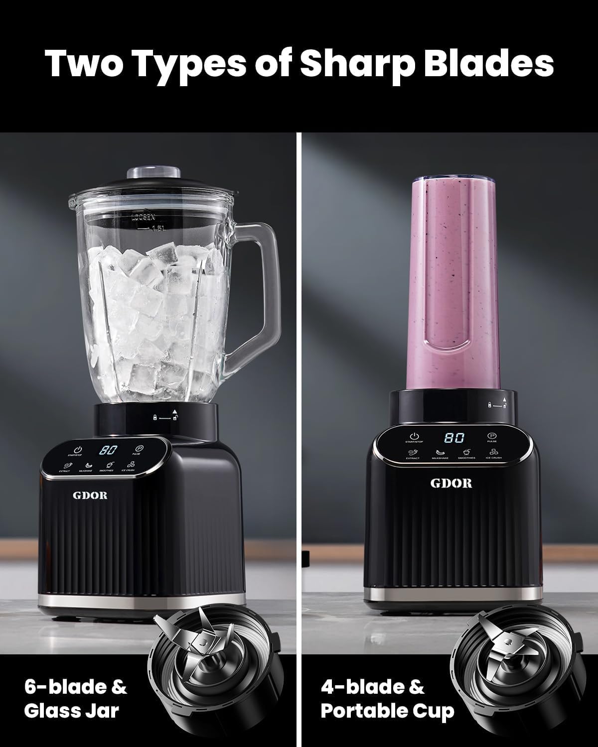 GDOR Blender Blender professionnel 1200 W avec 5 programmes, récipient en verre de 1,5 l, gobelet à emporter de 700 ml, mixeur pour smoothies, shakes, écraser la glace, fruits congelés et jus
