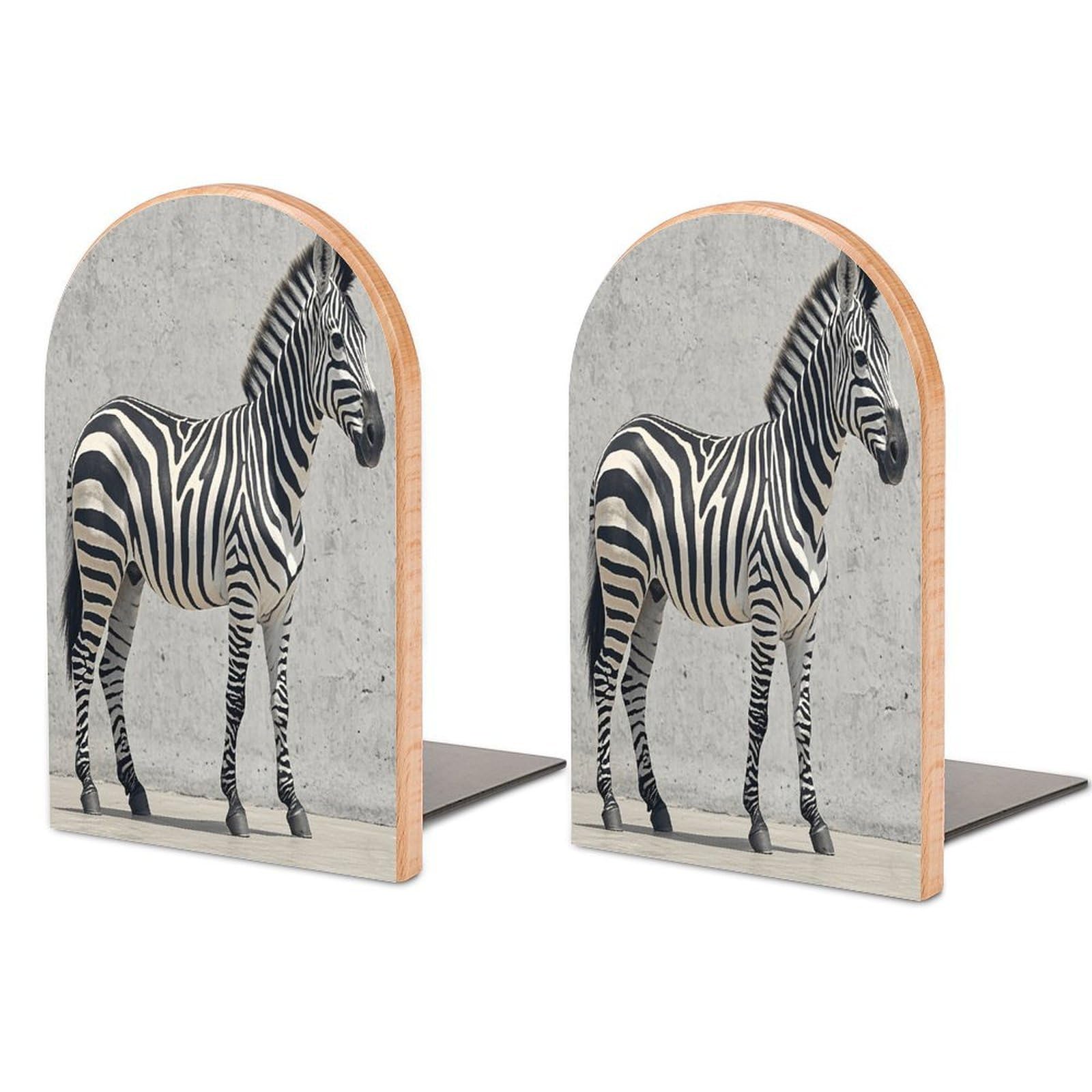 Zebra on The Wall Bookend Non-Skid Wooden Bookends for Shelves Heavy Duty Wood Book Ends Decorative Book Stopper Book Stand Non-Slip Book Organizer for Home Office Library