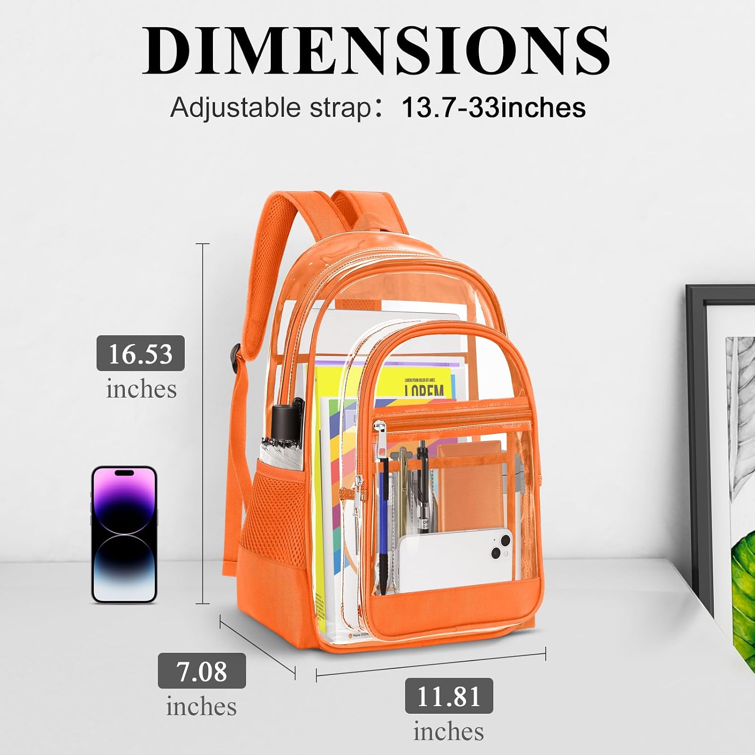 KIMNERPU Clear Backpack, Heavy Duty PVC Transparent Backpack with Reinforced Straps, See Through Multiple Pockets Large Capacity Bookbag for Concert Work Security Travel Festival (Orange) image 2
