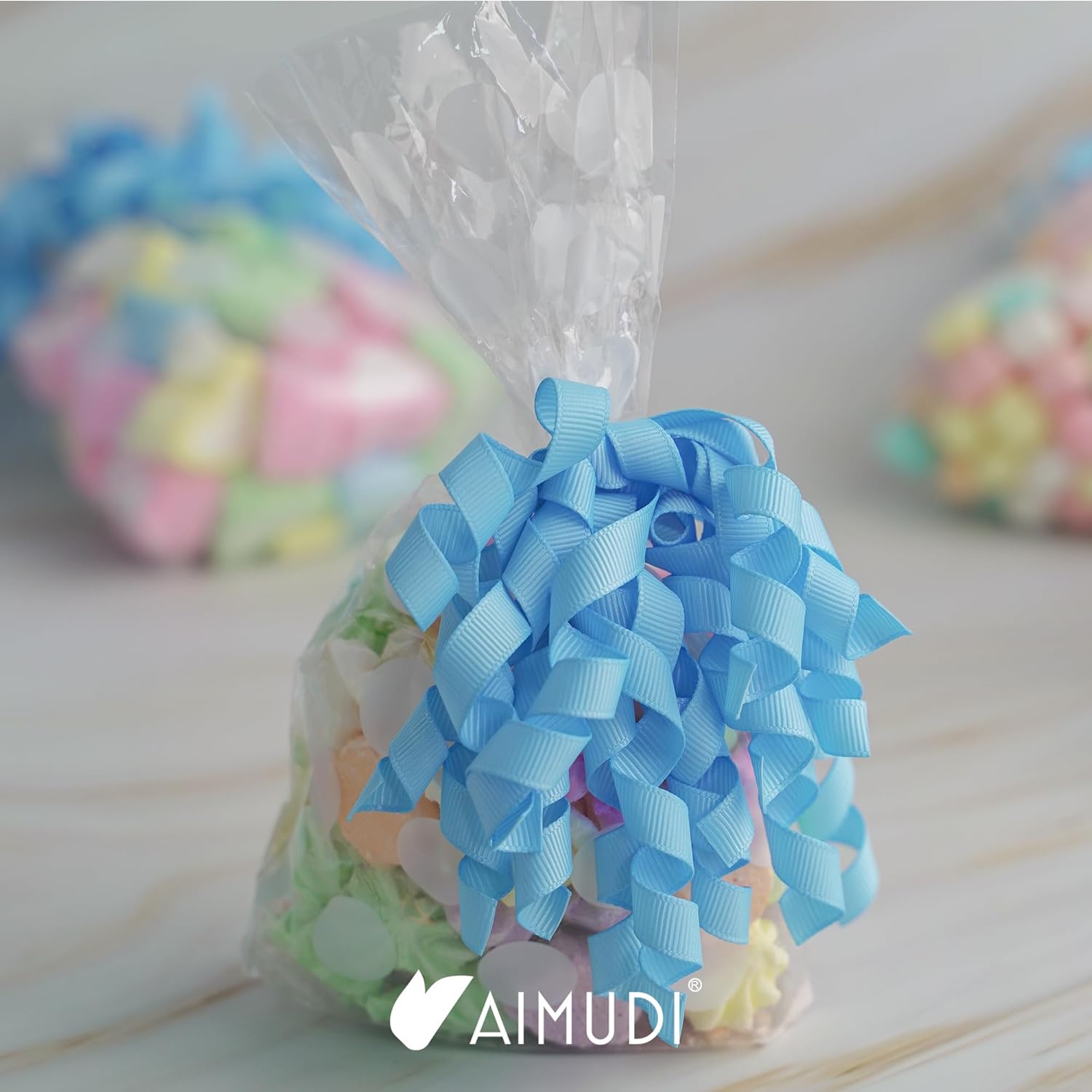 AIMUDI Blue Curly Bows 4" Baby Blue Burst Bows Self Adhesive Curly Ribbon Bows for Gift Wrapping Grosgrain Ribbon Twist Tie Bows for Treat Bags Gift Bags Baby Shower Party Decorations - 6 Counts - Image 7