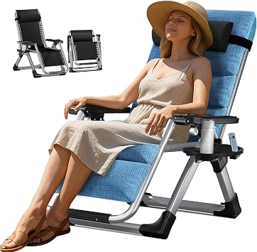 Folding Zero Gravity Chair, 200KG Heavy Duty Sun Lounger, Adjustable Garden Recliner with Cushion and Side Holder, Extra Wide, No Assembly Required, Sun Loungers for Garden Terrace Pool Room