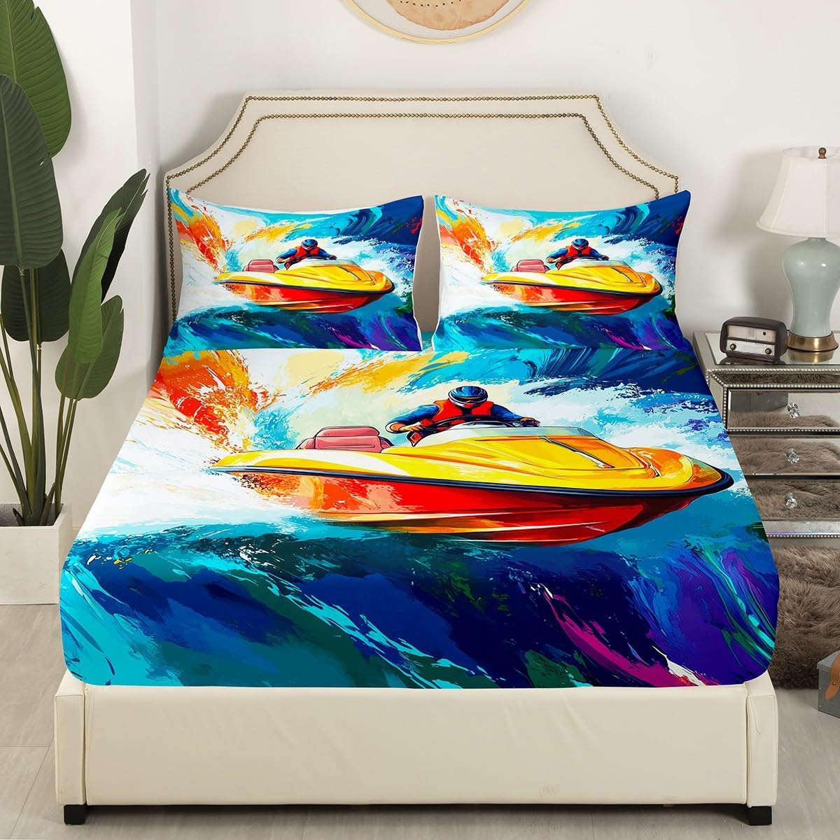 jejeloiu Rowing Fitted Sheet Twin Size Kids Sports Game Bedding Set for Boys Girls Teens Blue Orange Bed Sheet Set