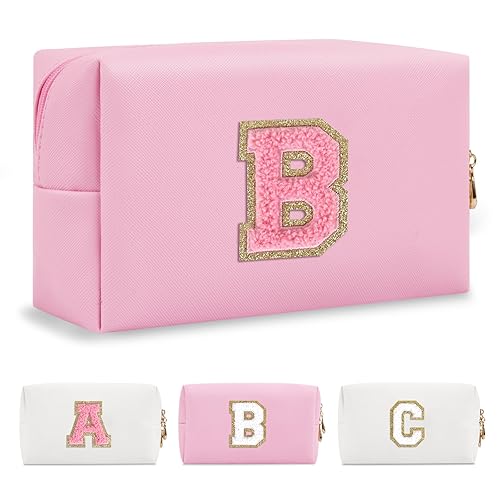 Miniatura 170 de Bolsa de maquillaje personalizada con inicial A-Z Preppy Patch, pequeña bolsa de cosméticos de PU con letra de chenilla y cierre para niñas Negro