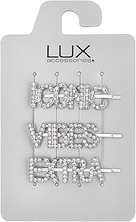 Lux Accessories Set (3pc) ICONIC VIBES EXTRA Words Clear Crystal Rhinestones Silver Tone Hair Pins