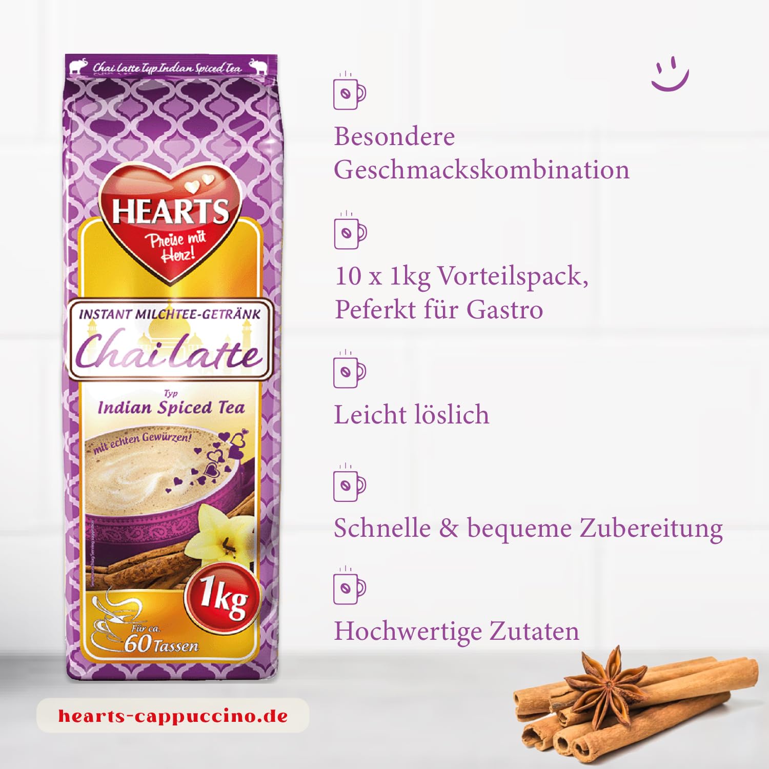 HEARTS Chai Latte 10 x 1kg - Vorteilspack - Instant Milchtee Pulver - Spiced Tea Getränkepulver für Gastro/Zuhause, einfache Zubereitung - reicht für 600 Tassen