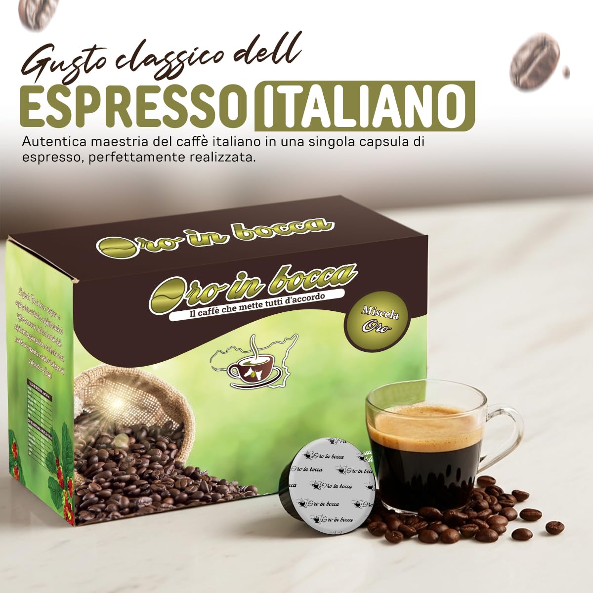 Oro in Bocca 100 Capsule Caffè Decaffeinato Compatibili con Nescafé Dolce Gusto, Caffè Espresso Decaffeinato 70% Arabica 30% Robusta, Gusto Morbido e Bilanciato, Aroma Dolce, Made in Italy (100, DEK)