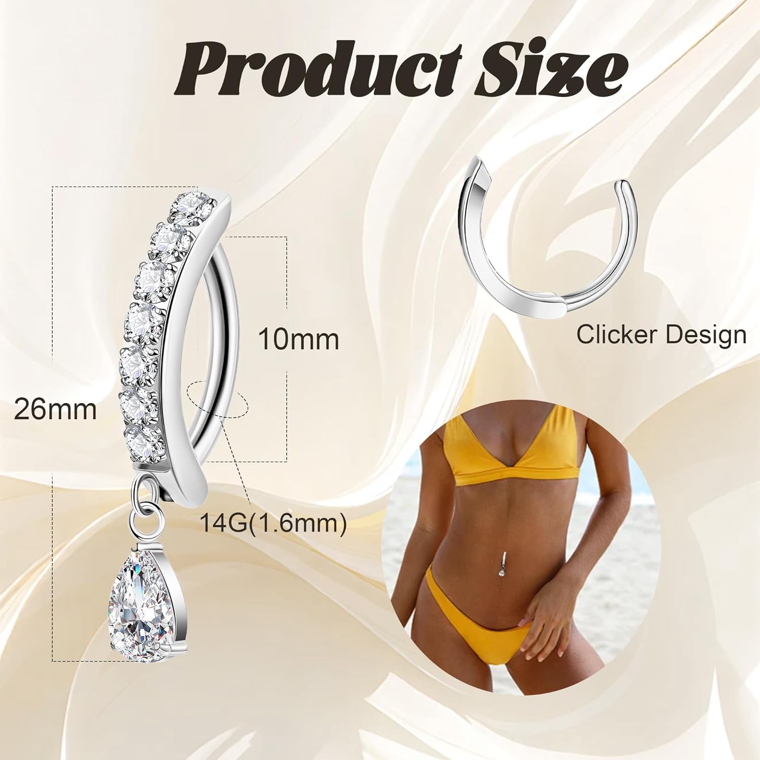 14G G23 Titanium Clicker Belly Button Ring for Women - Teardrop CZ Dangle Curved Reverse Barbell Navel Piercing - Hypoallergenic Jewelry - Image 2