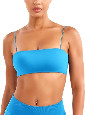 VOYJOY Women Spaghetti Strap Sports Bra Padded Low Support Seamless Impact Cami Square Neck Workout Yoga Bra Crop Top