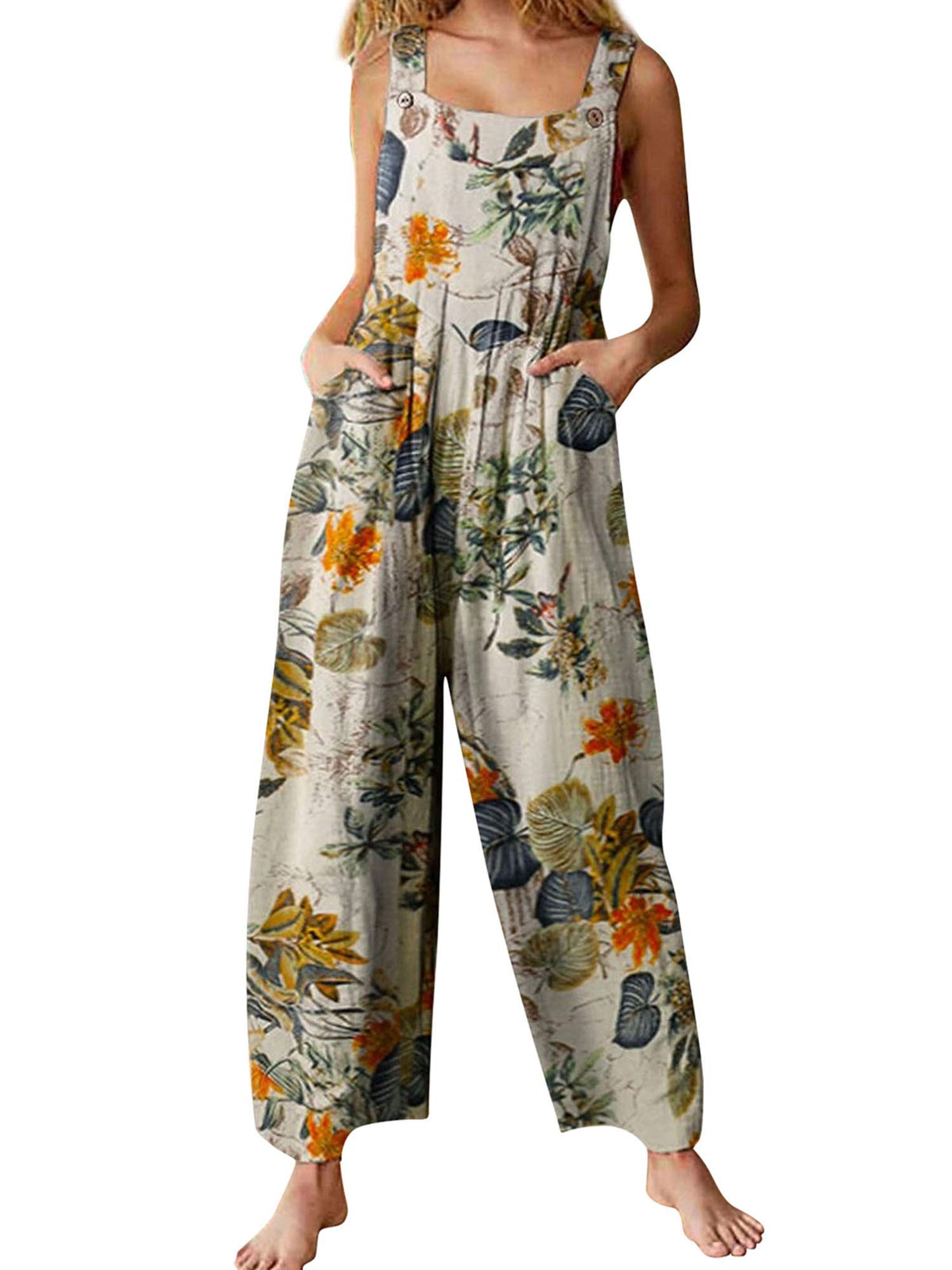 Achlibe Women's Yellow Summer Casual Sleeveless Boho Floral Baggy Overall Long Jumpsuit Playsuit Trousers Pants Dungarees Rompers (, Small)