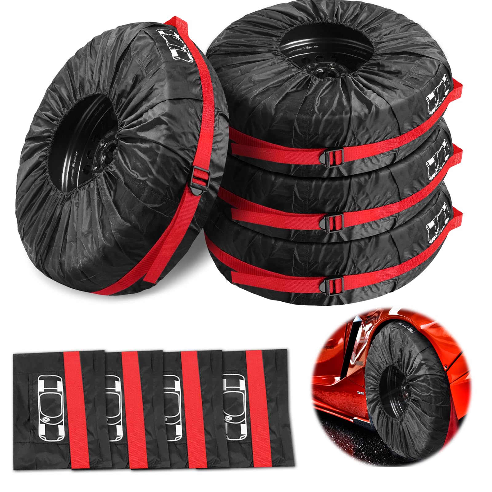 Set di 4 Borse per Pneumatici Auto, 18-22 Pollici Copriruota di Scorta Impermeabile Antipolvere Copertura della Ruota di Scorta, Borse Porta Gomme con Tracolla, (Diametro 80 cm/31 in)
